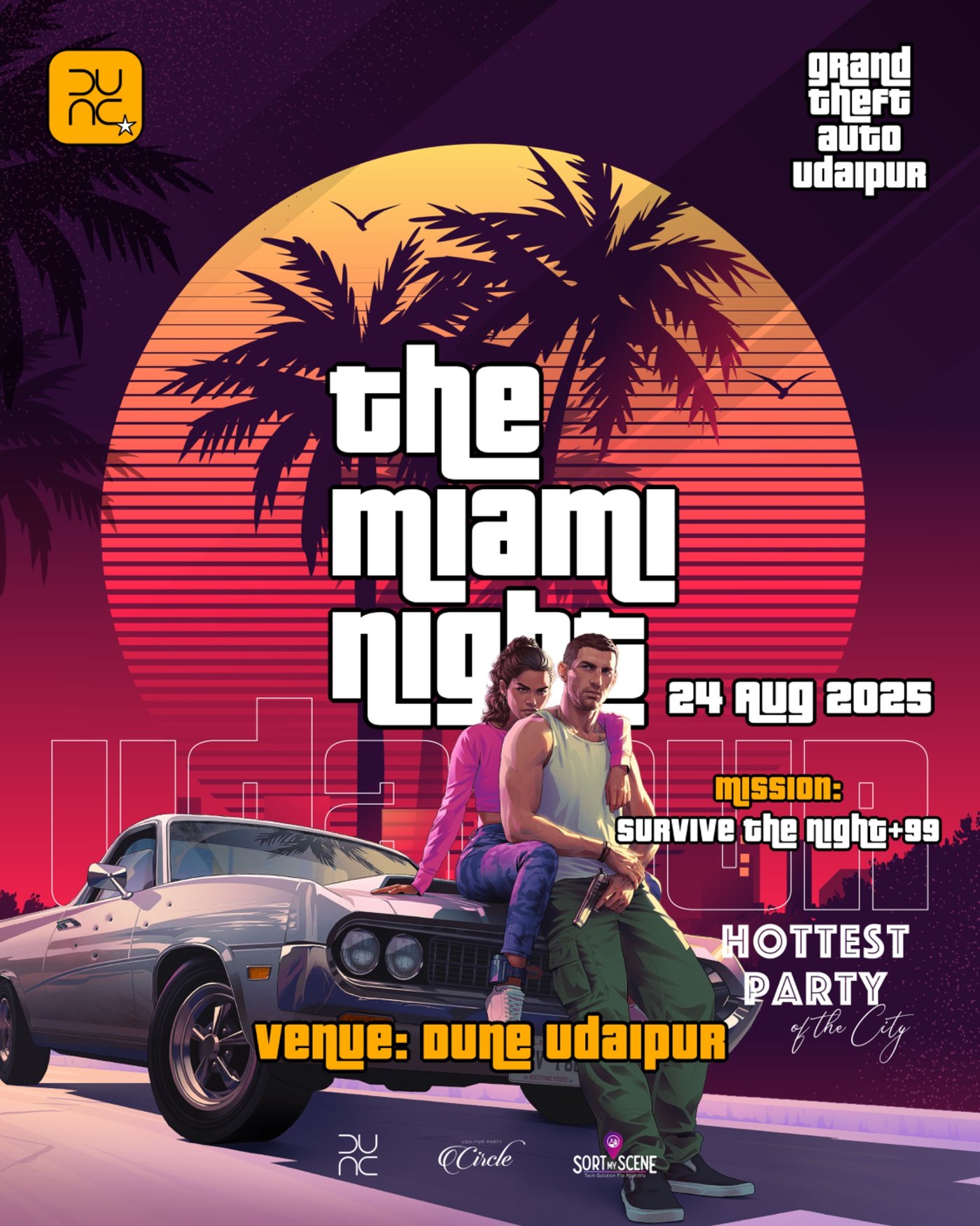 The Miami Night main event poster — illustrated retro car