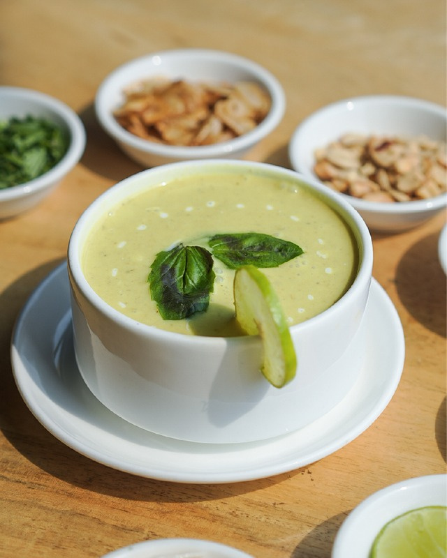 Soup with basil — restaurant photography